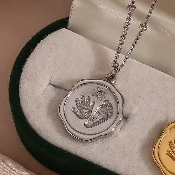 Silver Baby Hand Foot Print Zircon Pendant Necklace 18K Stainless Steel - Picture 5 of 7